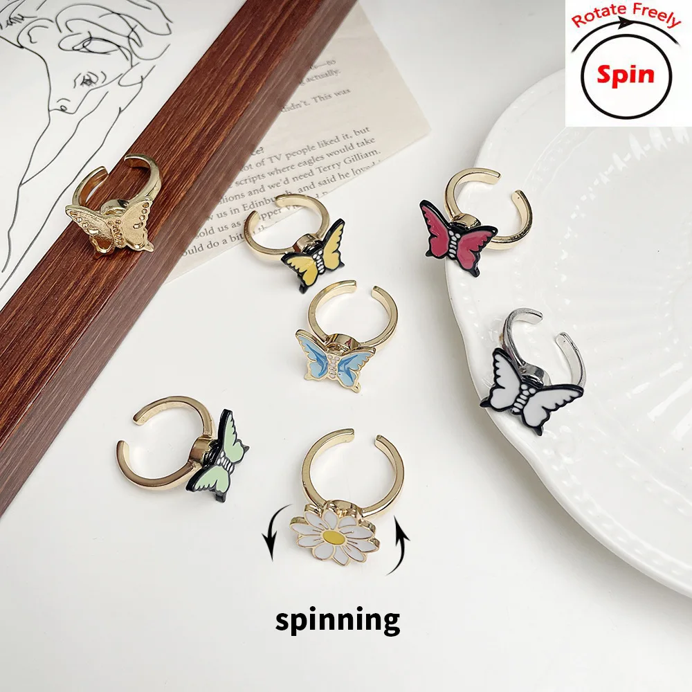 

Hot Sale Fun Decompression High Speed Alloy Rotary Ring For Women Kid Adjustable Opening Butterfly Flower Ring Fashion Jewelry