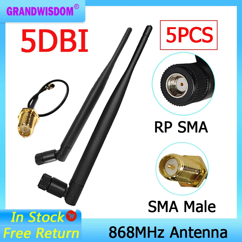 

GRANDWISDOM 5pcs 868mhz antenna 5dbi sma female 915mhz lora module lorawan antene ipex 1 SMA male pigtail Extension Cable