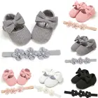 Детская обувь для девочек 0-18 месяцев, повязка на голову, 2 шт., детский бант с цветами, мягкая подошва