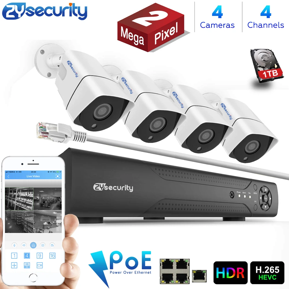 ZY H.265 1080P Full HD 4CH PoE Комплект видеорегистратора скрытого наблюдения 4 шт. 2mp 100ft