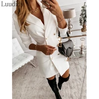 women casual suits elegant double breasted one piece dress suit office lady work blazer dress long outwear autumn outfit female