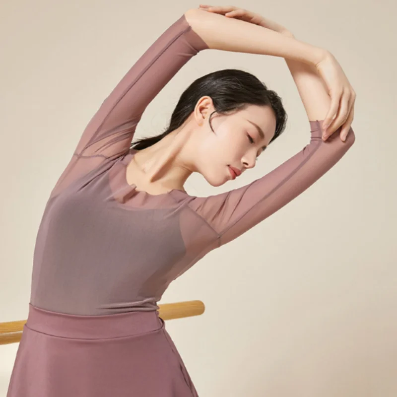 

2021 New Arrival Ballet Dancing Costume Fashion Sexy Women Dance Clothing Solid Color Gauzy Mid-length Sleeve Blouse