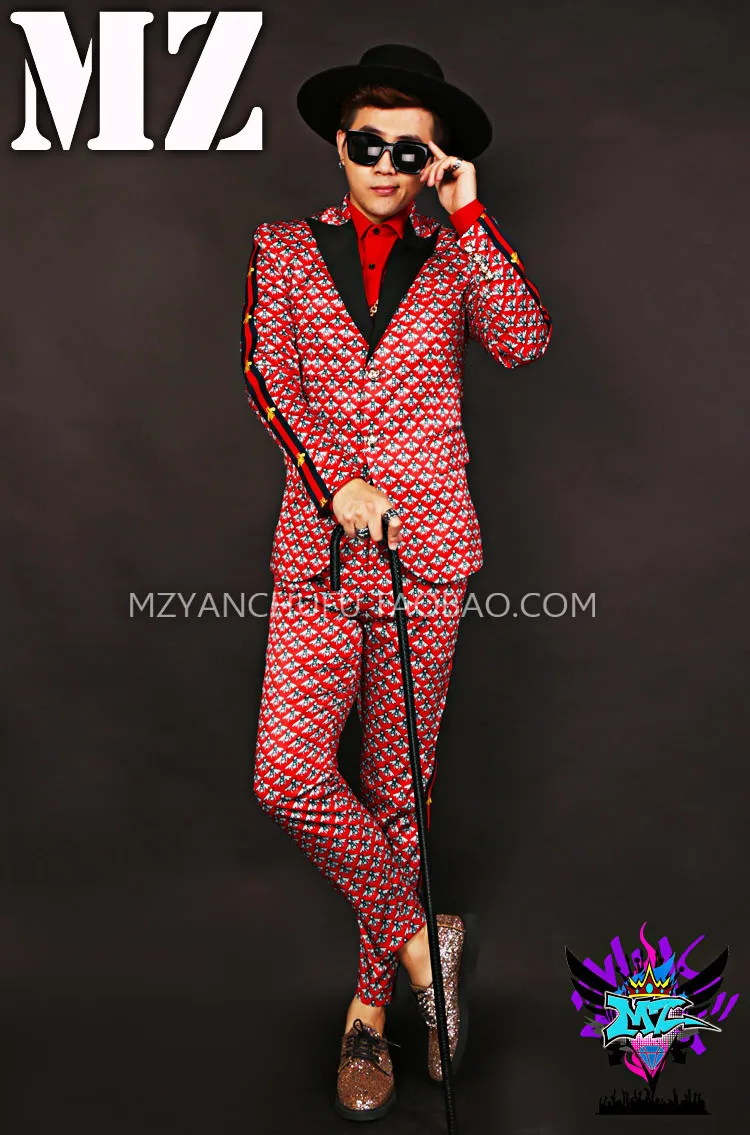 Красный Клетчатый полосатый костюм + брюки Мужская одежда для выступлений певицы