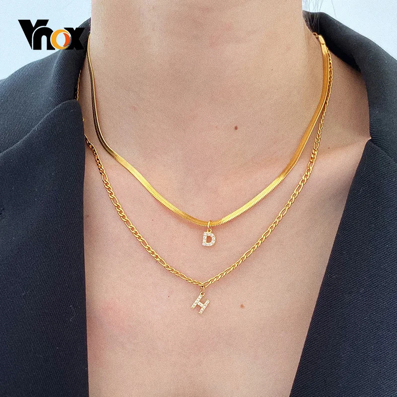 

Vnox Layered Initial Necklace for Women, Flat Snake Herringbone Figaro Chain Choker,A-Z 26 Alphabets Girls Party Street Necklace