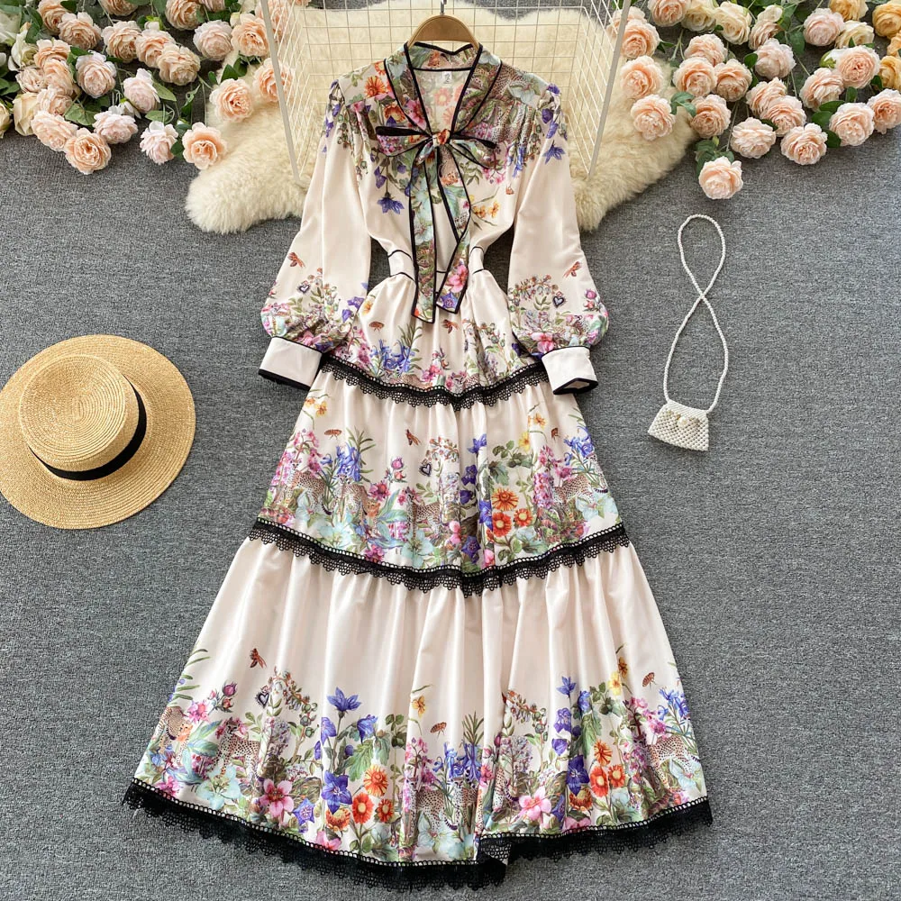 

Spring Elegant Vintage Floral Print Maxi Dress Women's Lace Patchwork Bow Tie Collar Lantern Sleeve A Line Long Dresses M62104