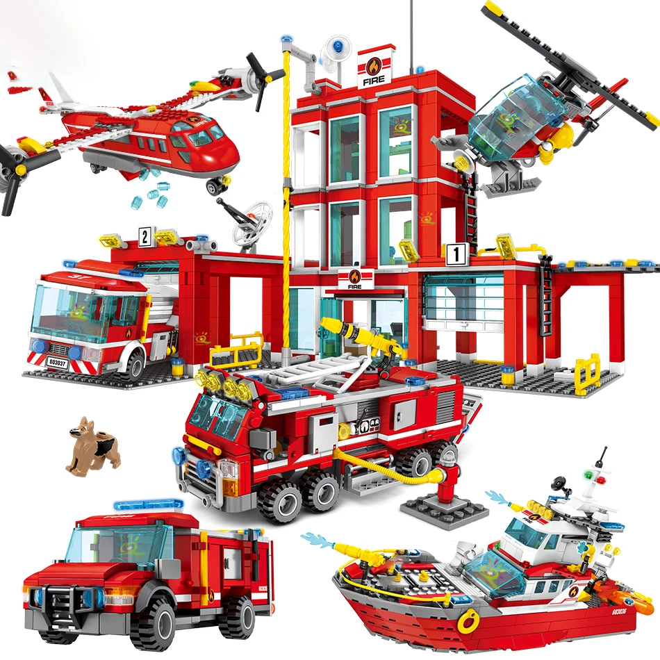 Фото Город модель пожарной станции ly вертолет строительный блок грузовик лодка