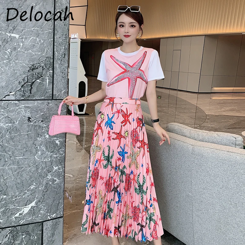 

Delocah New 2021 Autumn Womne Fashion Runway Skirt 2 Pieces Set Short Sleeve Straight Tops + High Waist Pleated Midi Skirt Suits