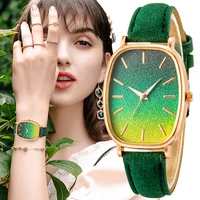 fashion tonneau dial design women watches scale gradient green qualities female quartz watch simple ladies leather montre femme