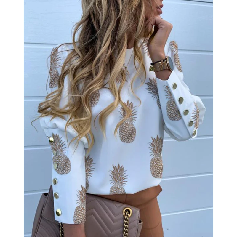 

2020 Elegant Women Long Sleeve Pineapple Printed Tops And Blouses Autumn Office Ladies Metal Buttons O Neck Shirt Blusas SJ4764V