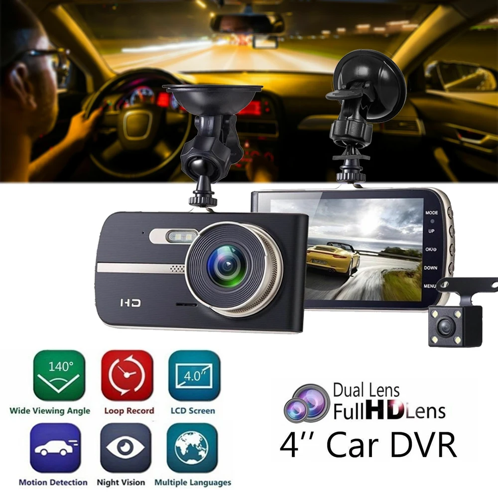 4 ''HD 1080P Автомобильный видеорегистратор с двойным объективом 170 ° передней и