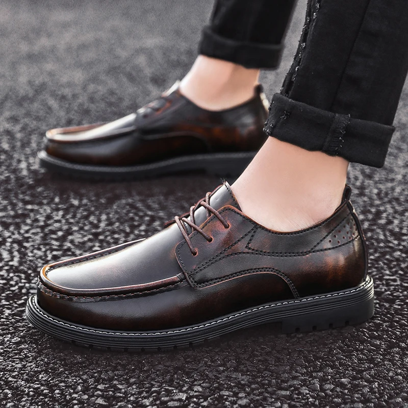 

HKIMDL Genuine Leather Men's Shoes England New Fashion Business Casual Lightweight Flexible Non-slip Comfortable Dad Sheos Men