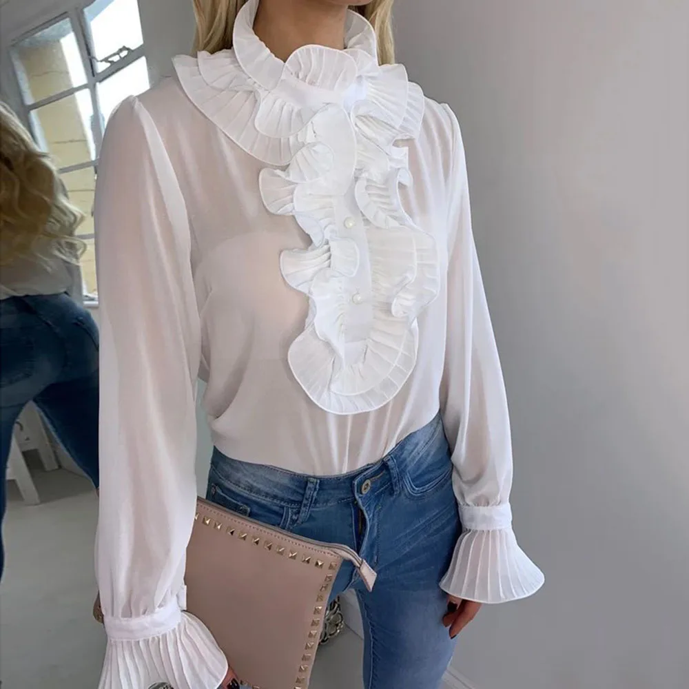 Женский пуловер шифоновая блузка элегантная весна лето модный топ с длинными