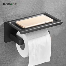 ROVADE Toilet Paper Holder with Phone Shelf, SUS 304 Stainless Steel Tissue Roll Wall Mounted Bathroom Accessories (Matte Black)