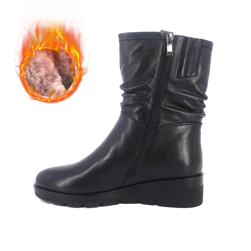 Black VAIR MUDO/Новые модные черные зимние сапоги из натуральной кожи короткие плюшевые удобные сапоги до середины икры с круглым носком на низком каблуке, сексуальные женские сапоги JX1 - Цвет: Black