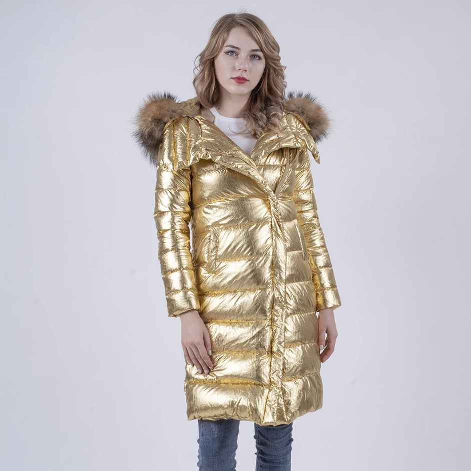 Женская парка с натуральным мехом золотистая или желтая водонепроницаемая