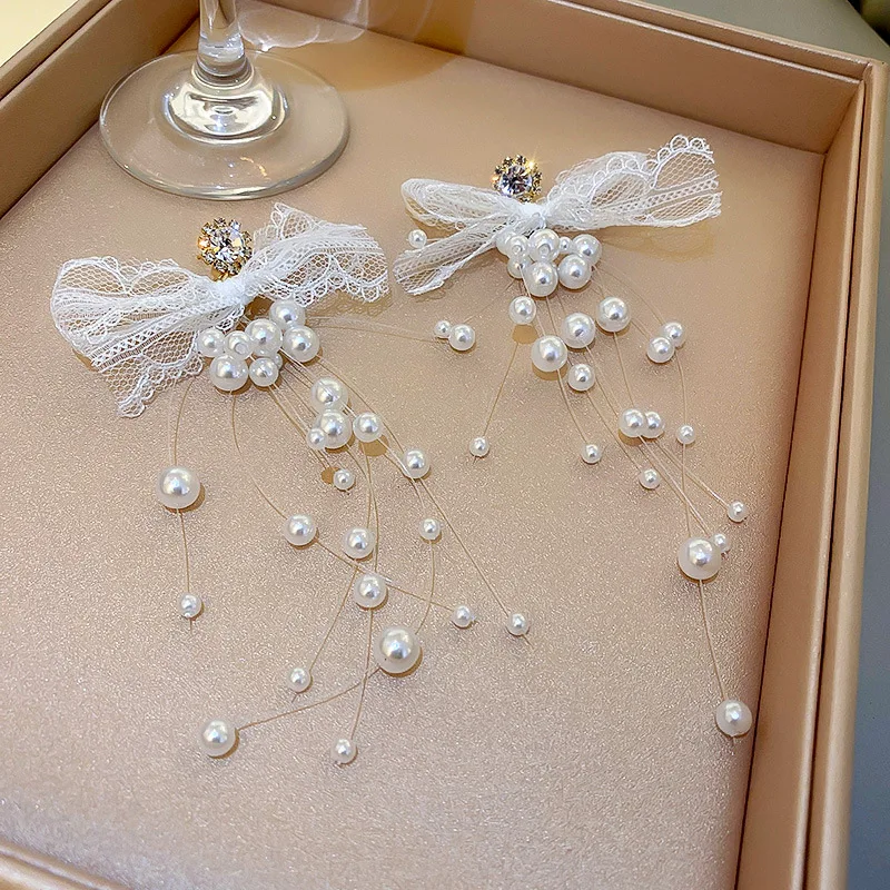 

2021 New Sweet Fresh Hyperbole Style Bowknot Modelling Drop Earrings Contracted Long Trend Pearl Temperament Women Earrings