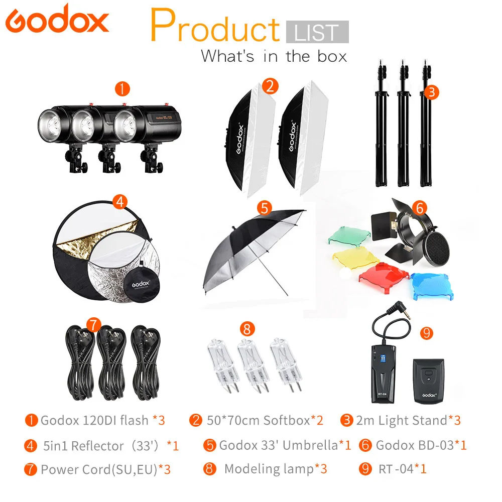 GODOX 3*120Ws 220V профессиональная студийная стробоскопическая вспышка 360W комплект +
