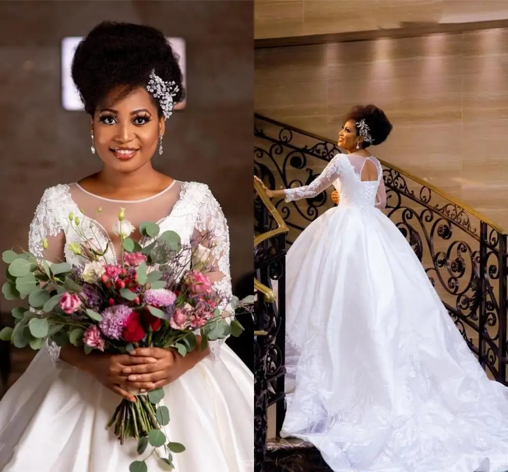

Crystals Pearls Beaded Long Sleeevs Plus Size Saudi Arabian Dubai Bridal Dresses 2021 African Ball Gown Wedding Dresses
