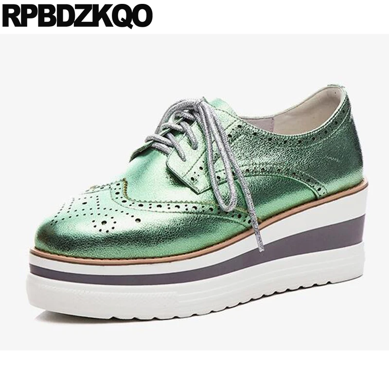 Туфли лодочки женские на платформе 3 дюйма натуральная кожа броги шнуровке