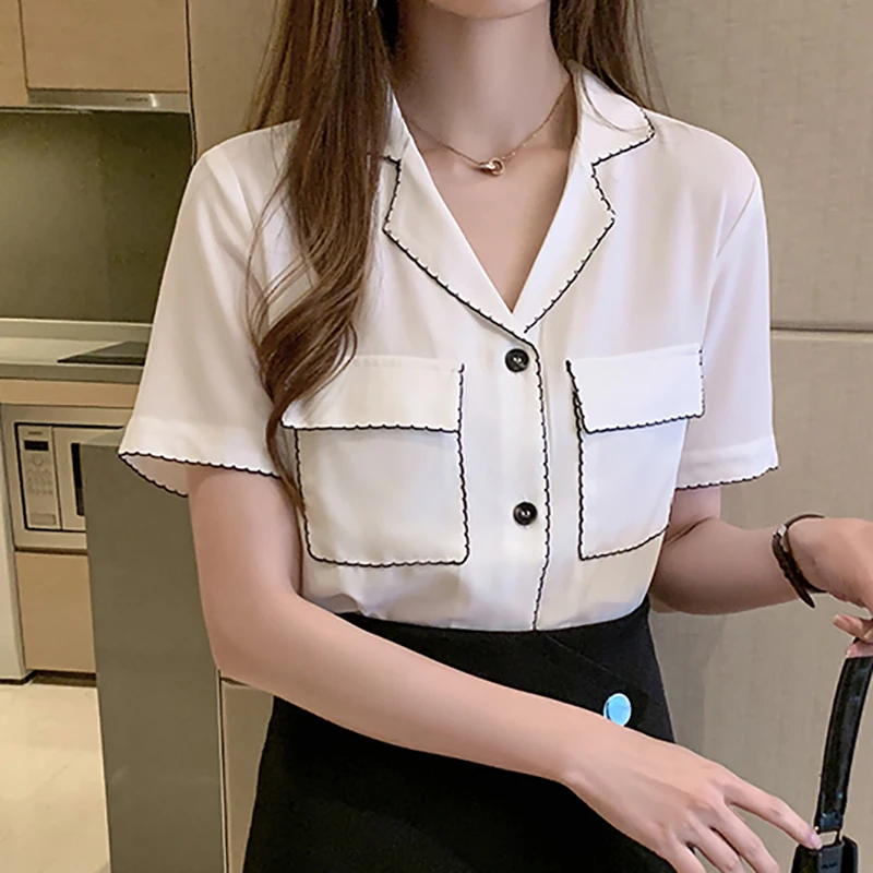 

New Notched Short Sleeve Chiffon Blouse White Shirt Women Clothes 2020 Summer Tops Button Pockets Korean Fashion Chemisier Femme