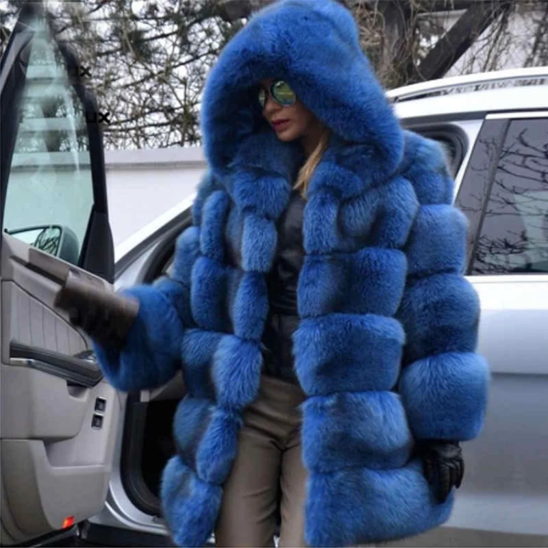 Women Fashion Blue Natural Fox Fur Coat with Hood Thick Warm Natural Medium Length Fox Fur Jacket Female Causal Outwear Genuine