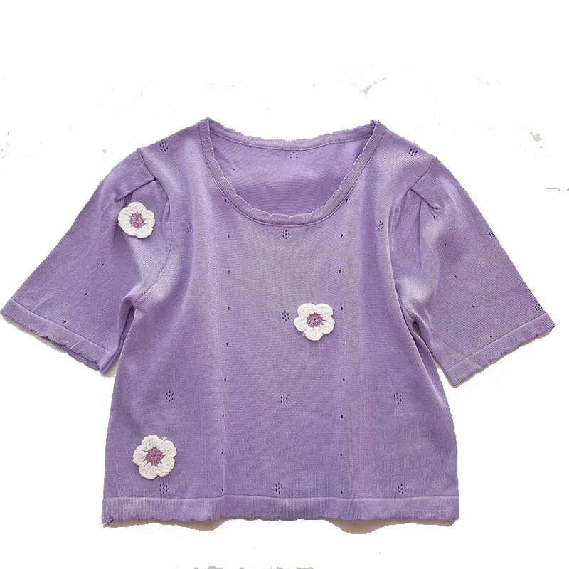 

Женская короткая трикотажная футболка, Летняя короткая облегающая футболка с трехмерными цветами и коротким рукавом, в Корейском стиле