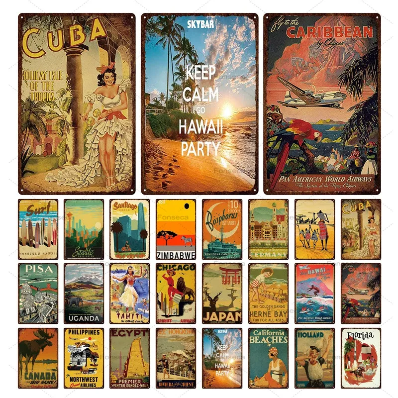 

Travel City Landmark Metal Tin Poster Cuba Chicago Holland Hawaii Cartoon Landscape Plates Iron Sign Plaque for Room Bar Club