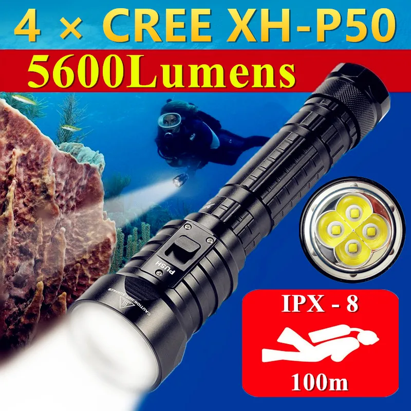 

Подводсветильник светодиодный фонарик для дайвинга CREE XHP50, 100 м, водонепроницаемый мощный погружной заполнясветильник, уличный тактический...