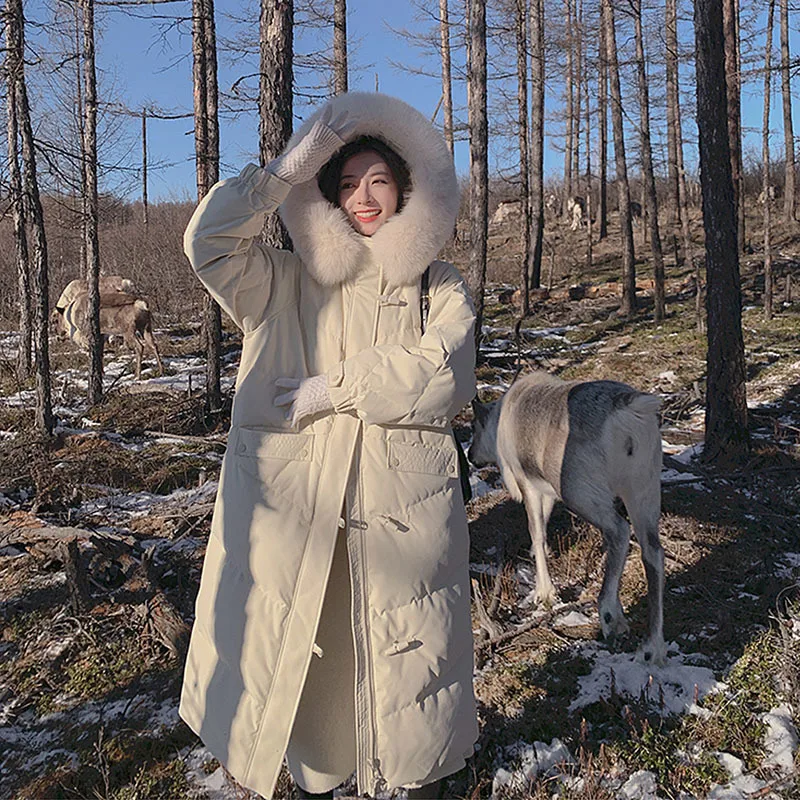 

Корейский женский пуховик средней длины с капюшоном и меховым воротником зимняя повседневная женская теплая хлопковая парка с длинным рук...
