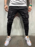 men ripped skinny jeans multi pocket slim pencil pants 2021 spring black new male overalls street hip hop moto bike clothing