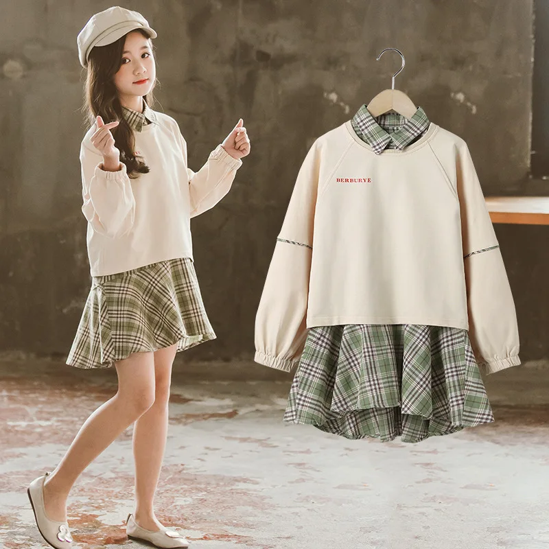 

Personality Spring Autumn Teens Children Clothes Baby Girls Lattice Suit Sweatshirts+ Dress Kids Toddler Outwear High Quality