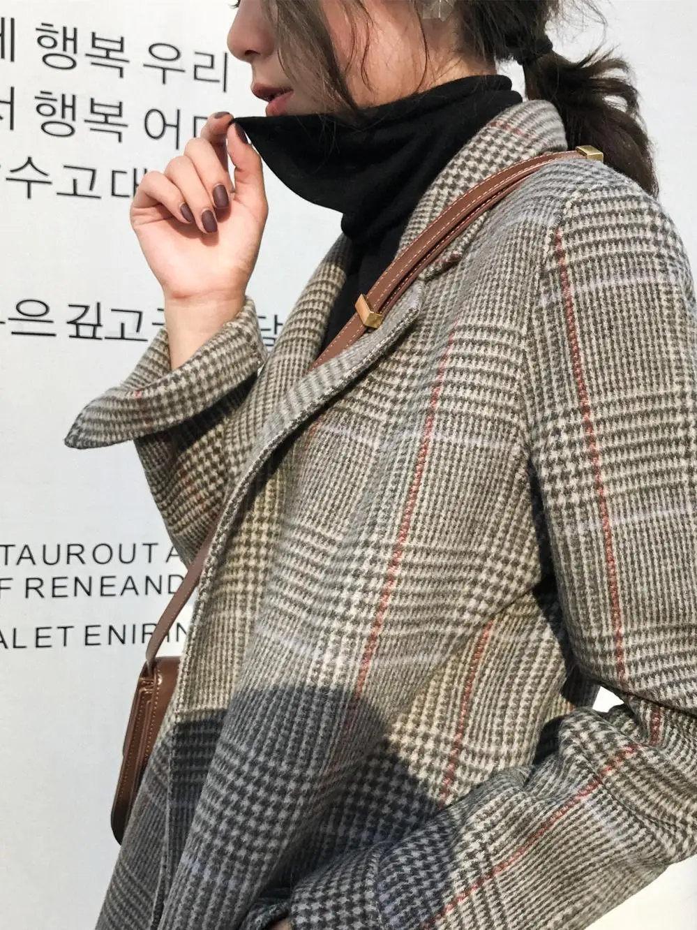 Осень-зима Винтаж шерстяные женские офисные клетчатый блейзер с длинным рукавом