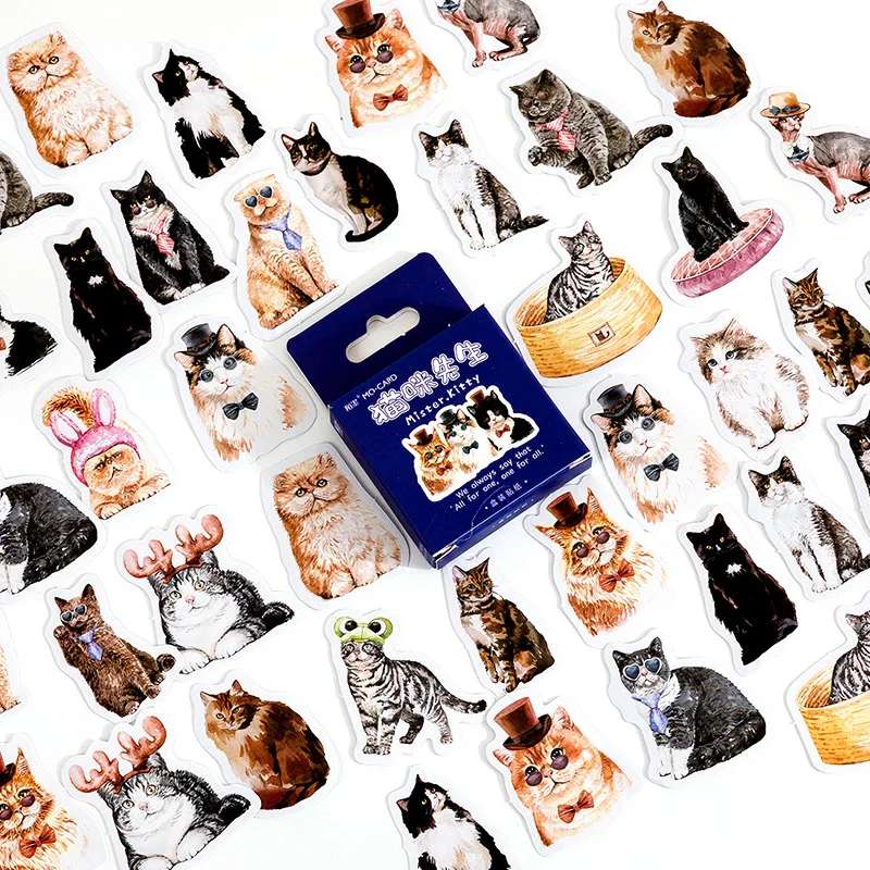 46 Pcs Mister Kitty Cat Theme Stickers Decoration Cute Cats Stickers Self-adhesive Scrapbooking Stickers For Laptop Planners