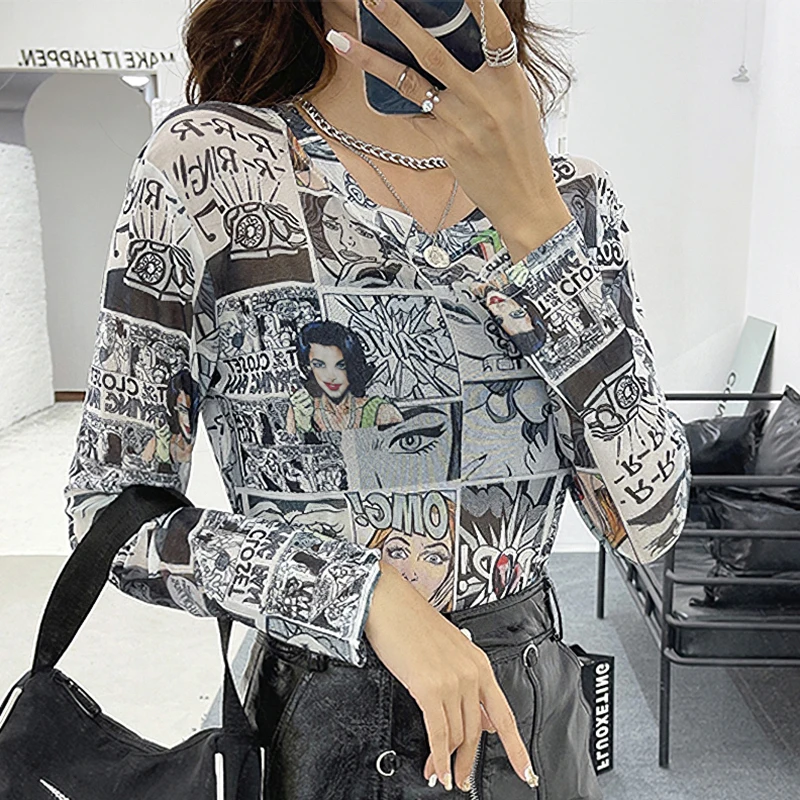 

Harteen Spring Autumn New Long Sleeve Women Clothing Tshirts Vintage Print Femme Top O-Neck Slim Basic T-Shirt Sun Protection