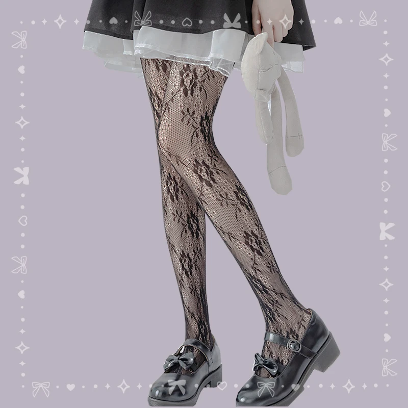 

2 Colour Janpanese Girl Lolita French Retro Rose Net Stockings Hollow Out Gothic Cosplay Halloween Sexy Stockings For Young Girl