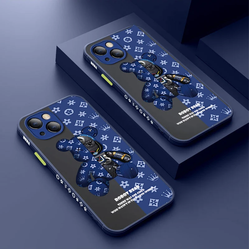 

Mechanical Bear Camera Lens Protection Phone Case For iPhone 12 13 11 Pro Max Mini XR X XS 7 8 Plus SE 2 Matte Transparent Cover