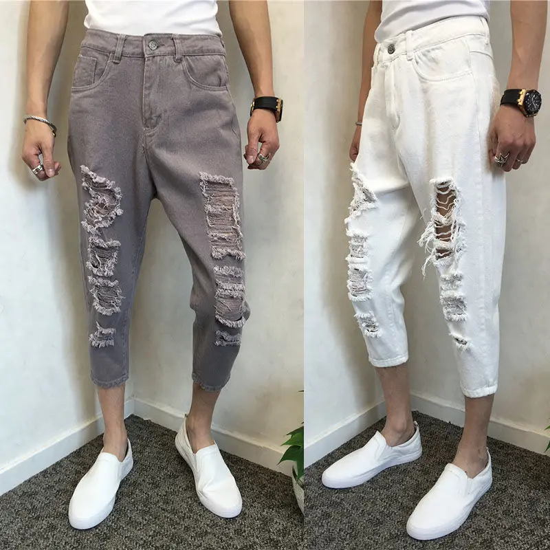 

Джинсы с вырезами мужские свободные, модные штаны в Корейском стиле, узкие брюки-Капри в стиле Харлана для полных, на лето