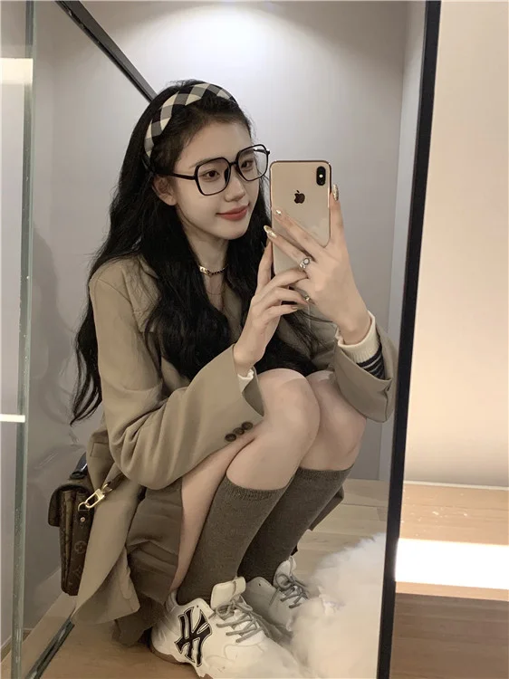 Кофейный повседневный костюм пальто женский новый корейский свободный с длинным