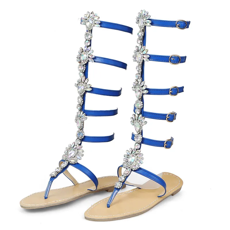 

AGODOR Summer Flats Sandal Gladiator Gold Rhinestone Knee High Buckle Strap Woman Boots Crystal Beach Shoes Plus size