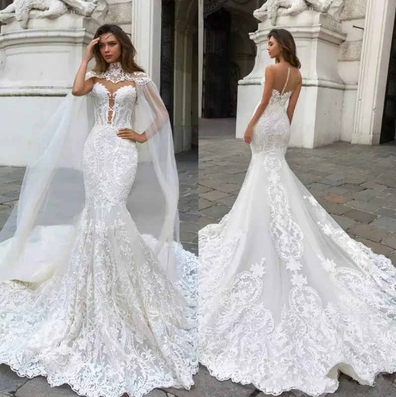

2019 Gorgeous Mermaid Lace Wedding Dresses With Cape Sheer Plunging Neck Bohemian Wedding Gown Appliqued Plus Size Bridal