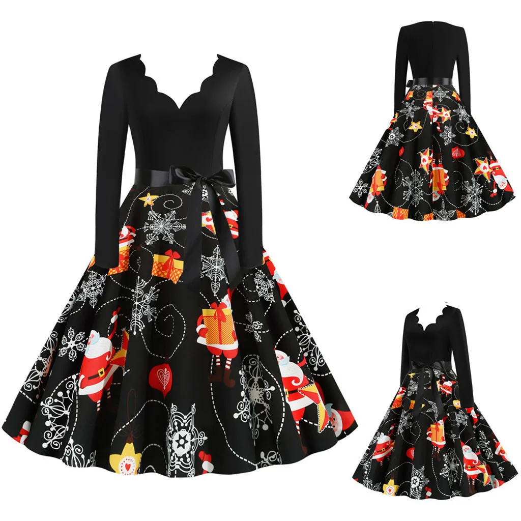 Женское платье с длинным рукавом junxi WAN Черное вечернее подолом в рождественском