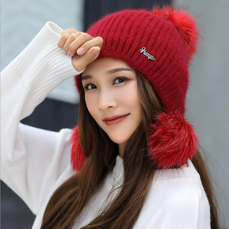 2021 Новая теплая шапка из кроличьего меха, ветрозащитная шляпа, женская осенняя и зимняя вязаная повседневная универсальная сладкая бини.