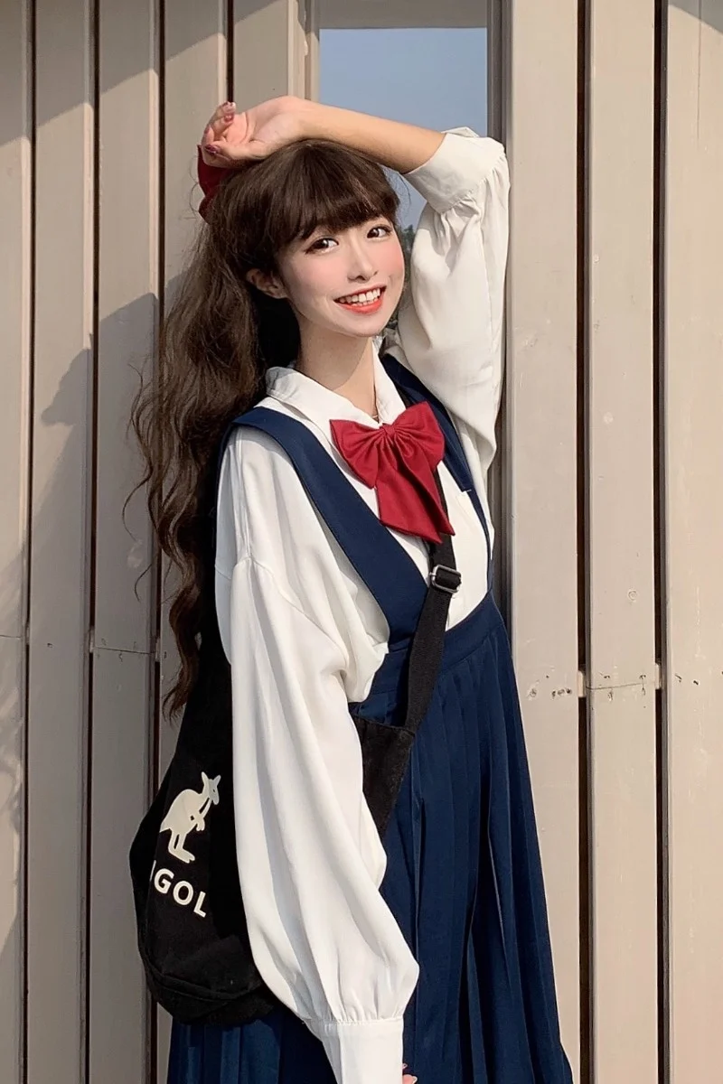 

Women's New Japanese Sweet Cute College Style Slim Dress + All-match Long-Sleeved Shirt Set school girl uniform