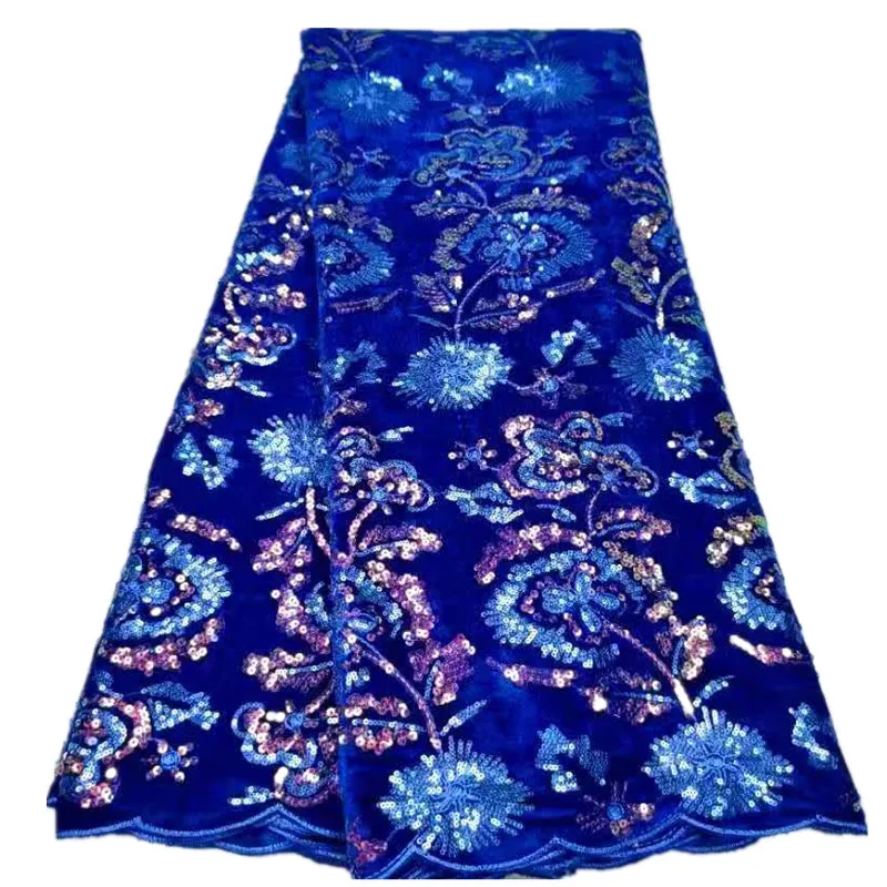

African Blue Lace Fabric 2021 High Quality Velvet Material Nigerian Velvet Lace With Sequins Embroidery