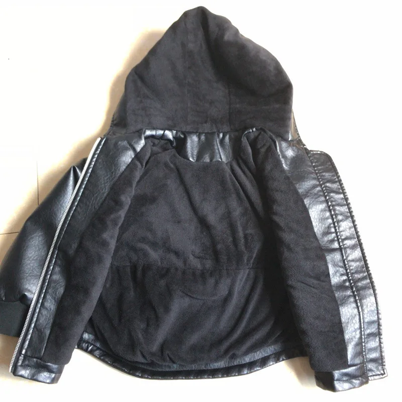 

2019 Fall Winter Kids Clothing Velvet Children Faux Leather Jackets Teenage Boy Girls Motorcycle Jacket With Hood Zipper Coats