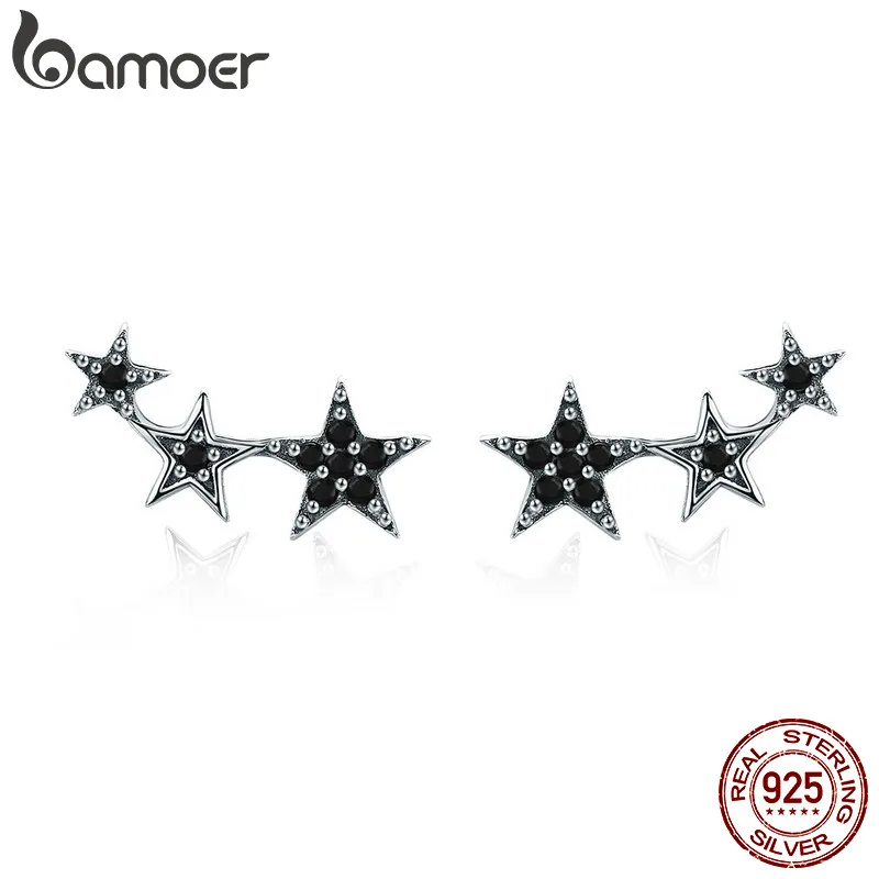 BAMOER подлинные 925 пробы серебряные штабелируемые звезды черные CZ серьги-гвоздики для женщин ювелирные изделия из стерлингового серебра Bijoux SCE292