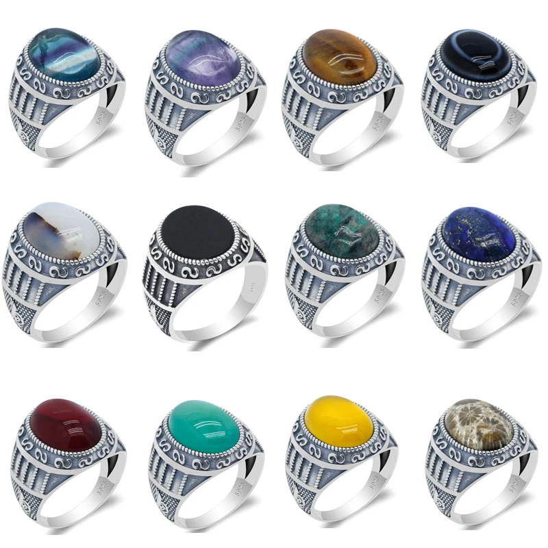 Мужское серебряное кольцо 925 пробы с лазуритом/флюоритом/тигровыми