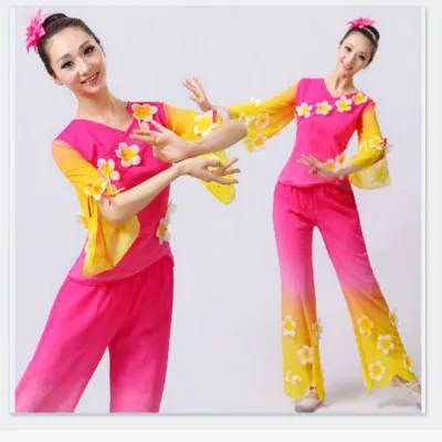 

Northeast Yangko Dance Clothing Printing Fan Women Dance Costumes New Classical Dance Costume Female Jasmine Flower Drum Dress