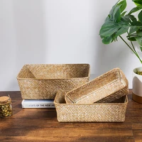 hand woven storage baskets rectangular rattan fruits sundries storage box seagrass picnic basket holder home cosmetics organizer