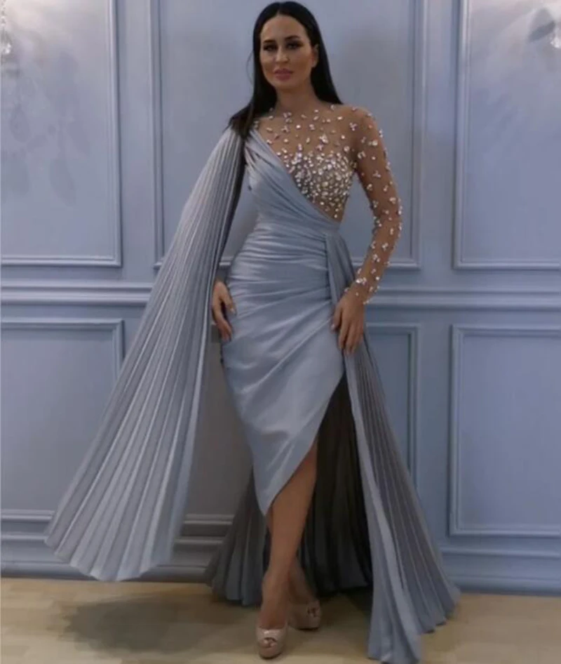 

Arabic Style Dubai Women Long Evening Dresses 2021 Sexy Straight Pleated Beaded One Shoulder Formal Evening Gowns
